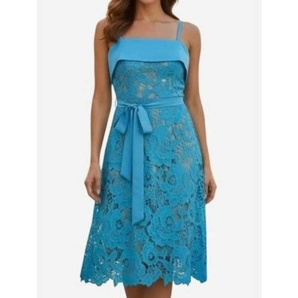 Dalia MacPhee Blue Dress Lace Overlay Medium Cocktail Knee Length - size S